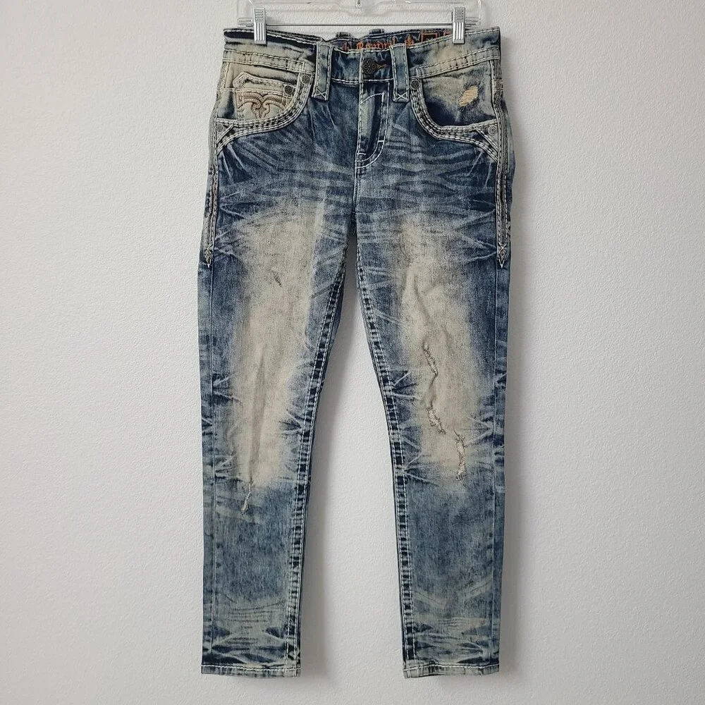 NEW Rock Revival Zinfadel Slim Taper Distressed Denim Jeans Size 31x30 Blue